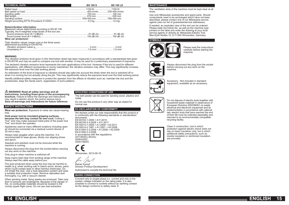 English | Milwaukee BS 100 LE User Manual | Page 8 / 35