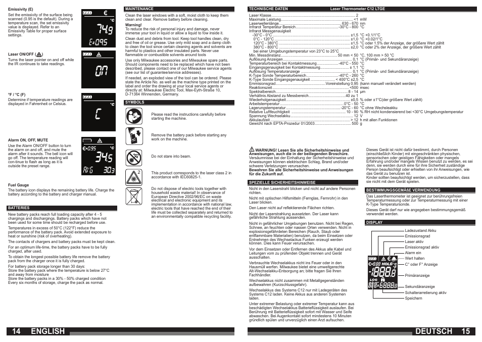 English, Deutsch | Milwaukee C12 LTGE User Manual | Page 8 / 49