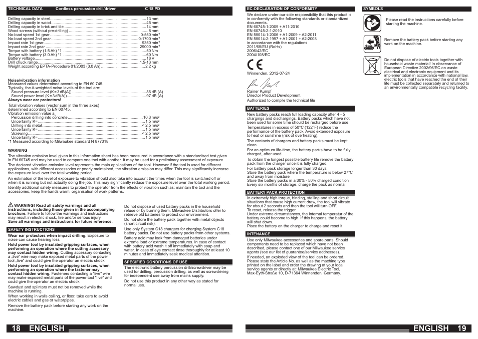 English | Milwaukee C18 PD User Manual | Page 10 / 37