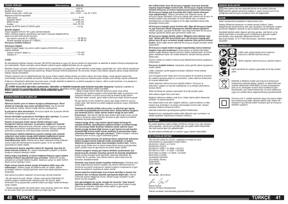 Türkçe | Milwaukee MCS 65 User Manual | Page 21 / 37