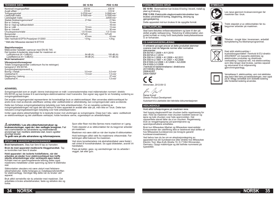 Norsk | Milwaukee DE 10 RX User Manual | Page 18 / 37