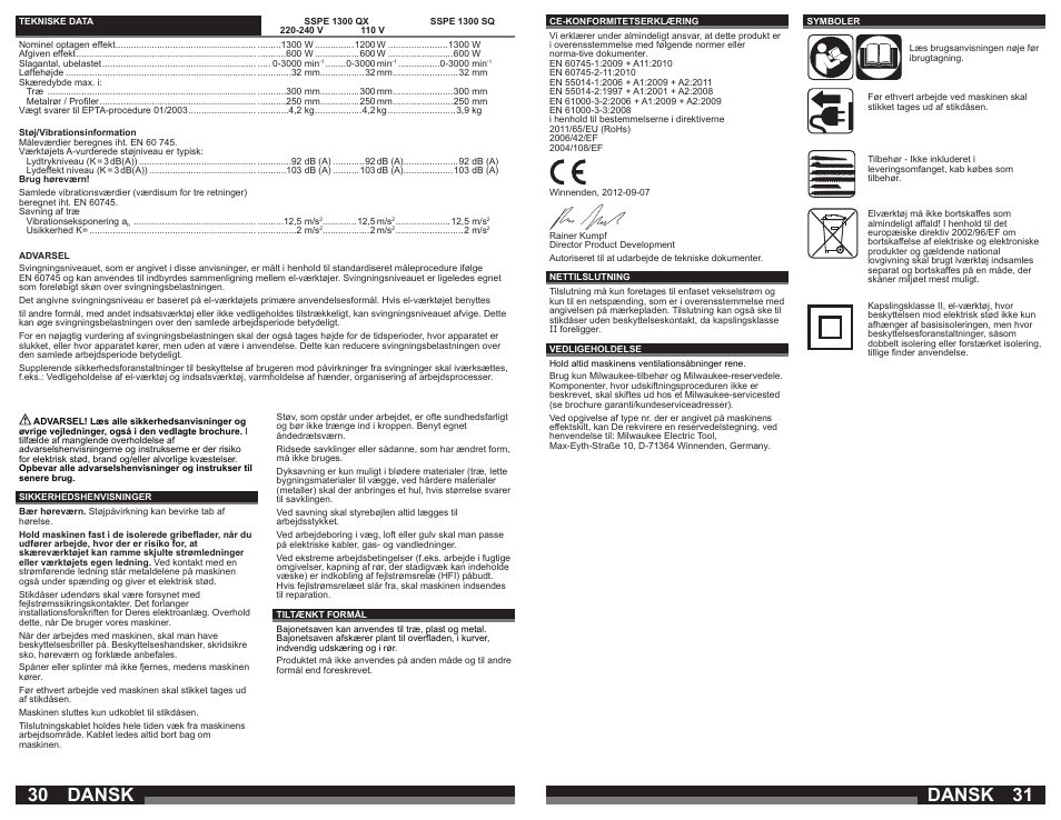 Dansk | Milwaukee SSPE 1300 SQ User Manual | Page 16 / 37