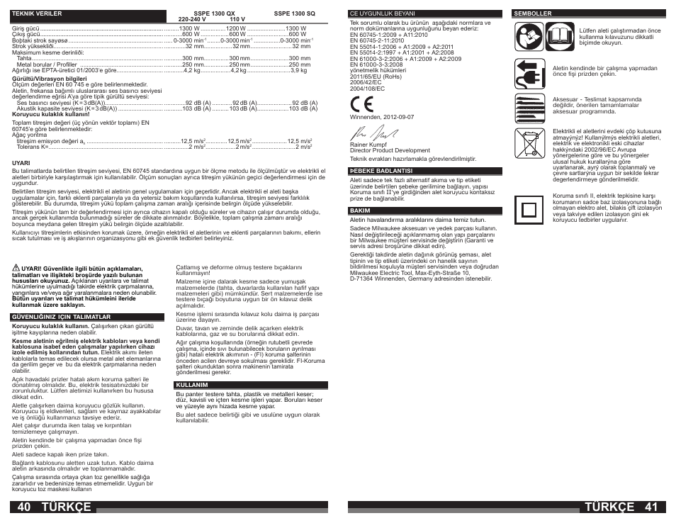 Türkçe | Milwaukee SSPE 1300 SQ User Manual | Page 21 / 37