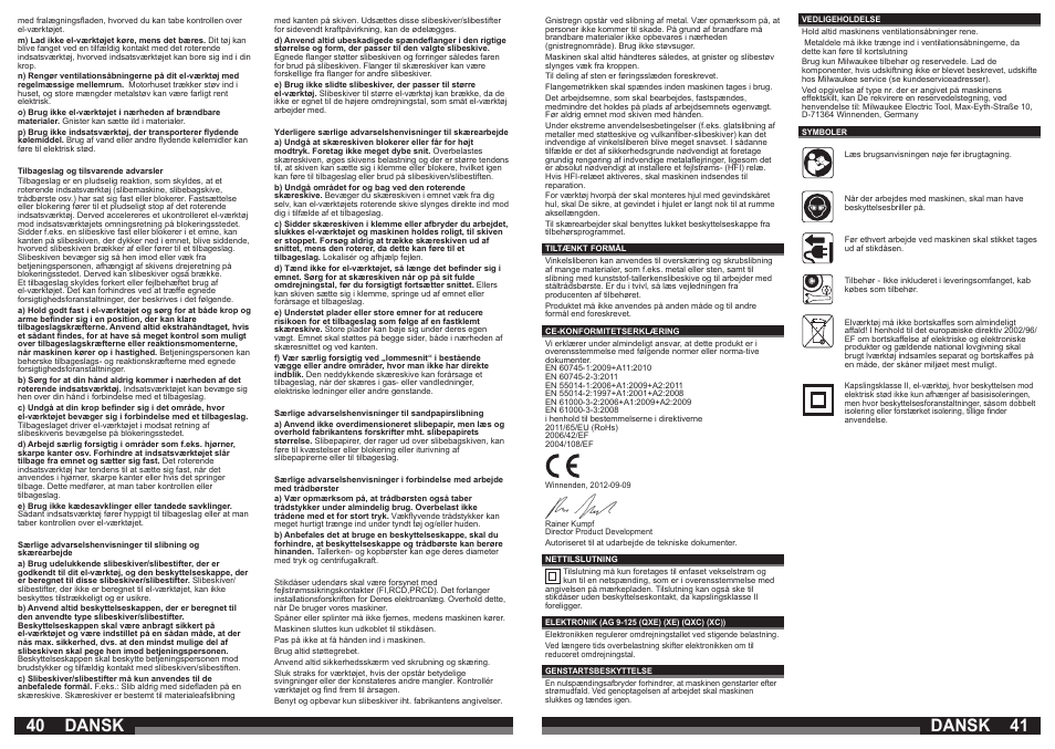 40 41 dansk, Dansk | Milwaukee AG 9-125 XC User Manual | Page 21 / 51