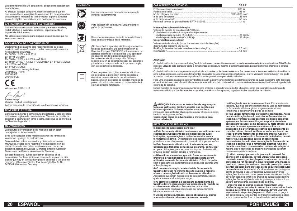 Español, Portugues | Milwaukee DG 7 E User Manual | Page 11 / 45