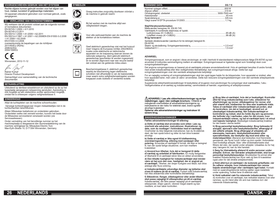 Nederlands, Dansk | Milwaukee DG 7 E User Manual | Page 14 / 45