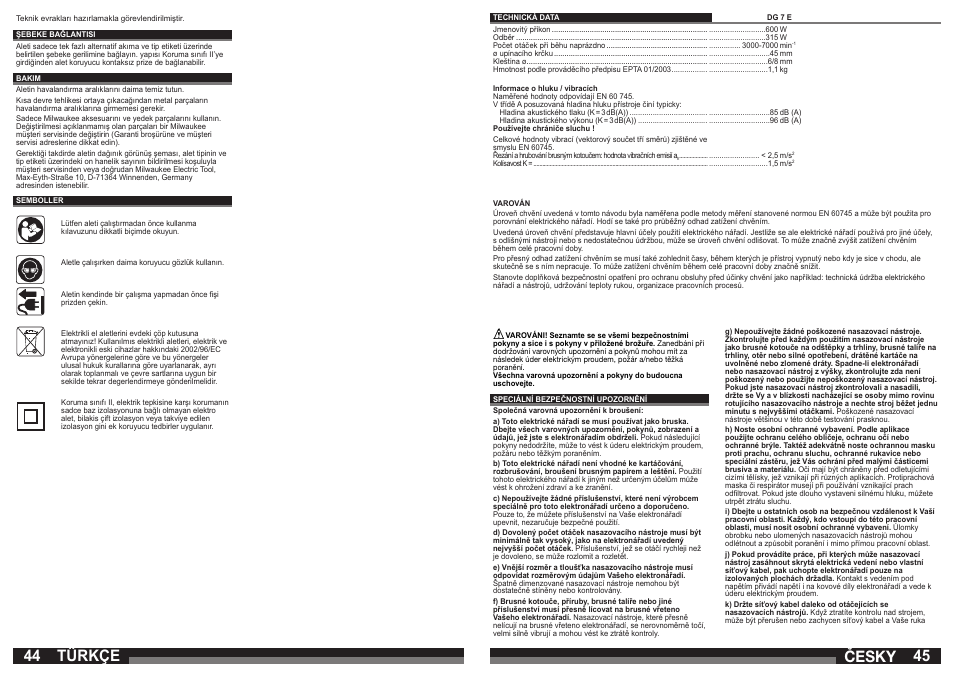 Türkçe, Česky | Milwaukee DG 7 E User Manual | Page 23 / 45