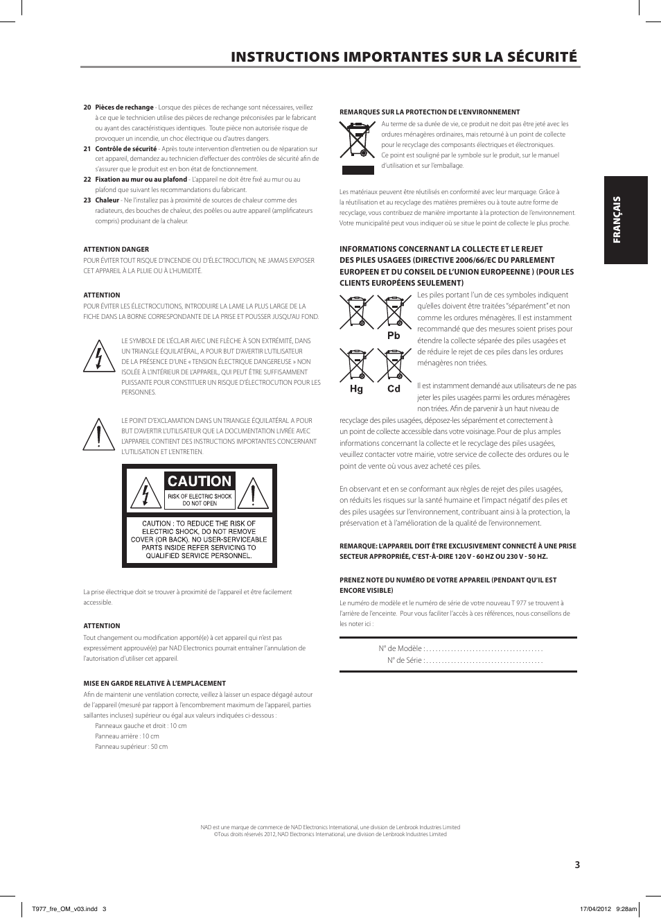 Instructions importantes sur la sécurité | NAD T 977 User Manual | Page 11 / 66