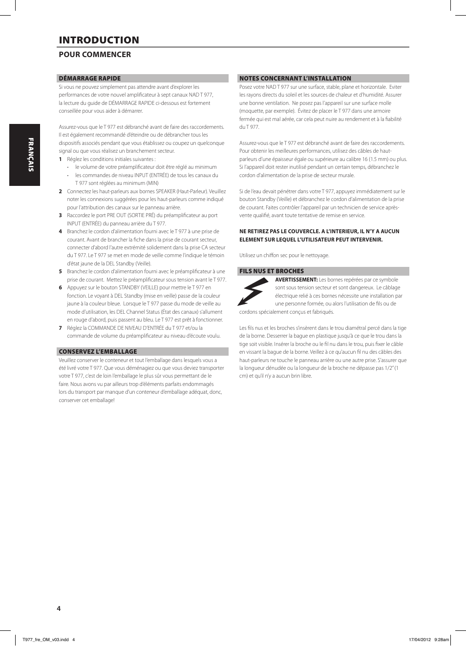 Introduction, Pour commencer | NAD T 977 User Manual | Page 12 / 66