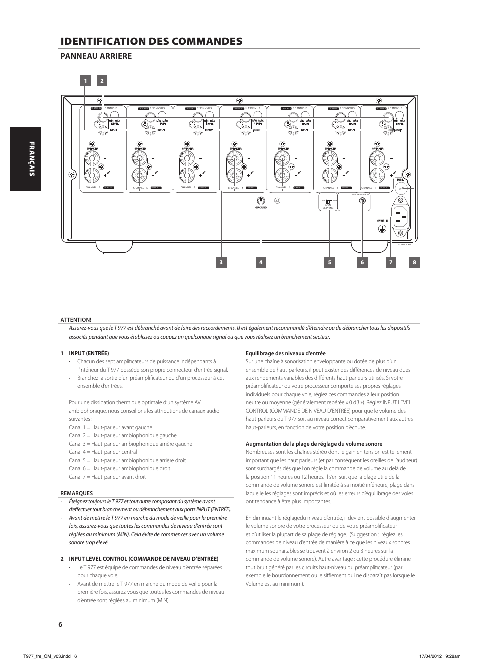 Identification des commandes, Panneau arriere | NAD T 977 User Manual | Page 14 / 66