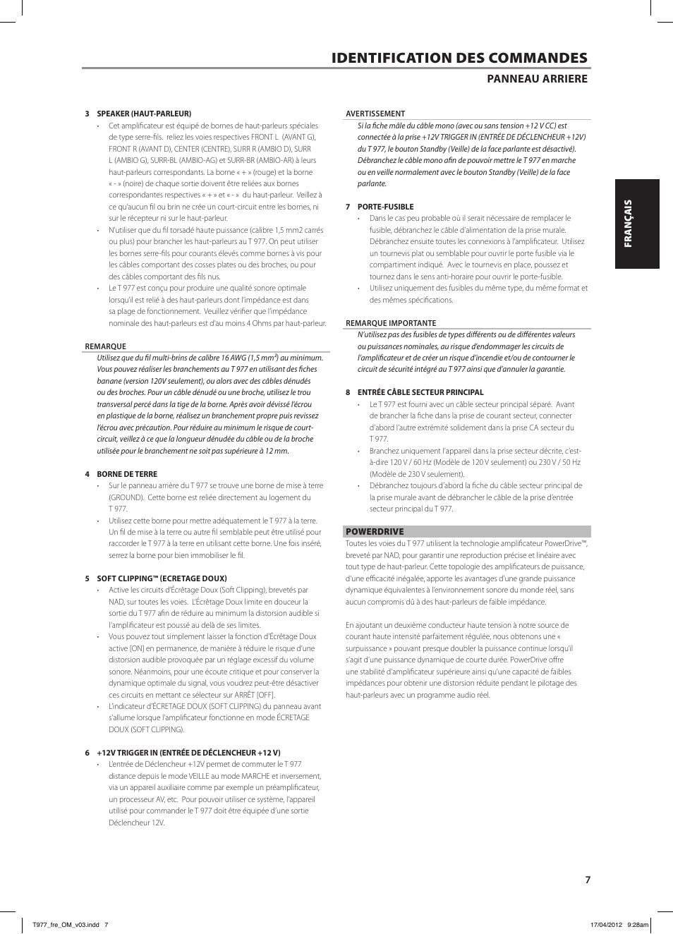 Identification des commandes, Panneau arriere | NAD T 977 User Manual | Page 15 / 66