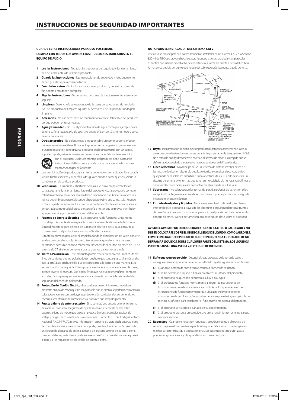 T977_spa_om_v03, Instrucciones de seguridad importantes | NAD T 977 User Manual | Page 18 / 66