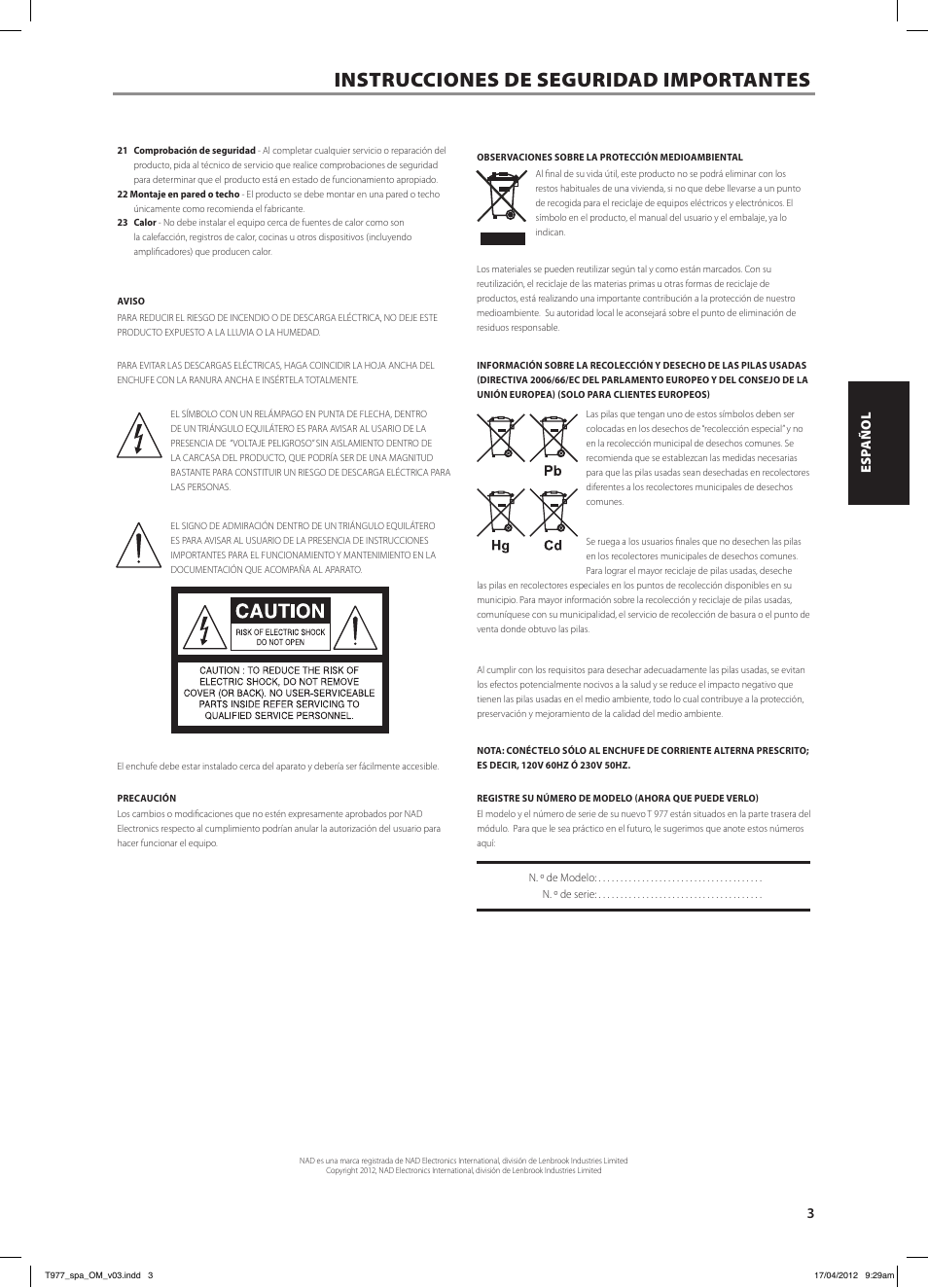 Instrucciones de seguridad importantes | NAD T 977 User Manual | Page 19 / 66