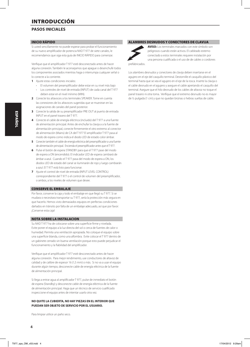 Introducción, Pasos iniciales | NAD T 977 User Manual | Page 20 / 66