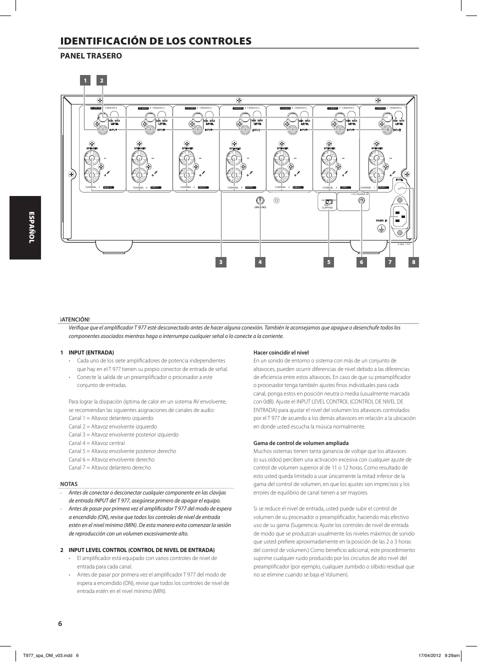 Identificación de los controles, Panel trasero | NAD T 977 User Manual | Page 22 / 66