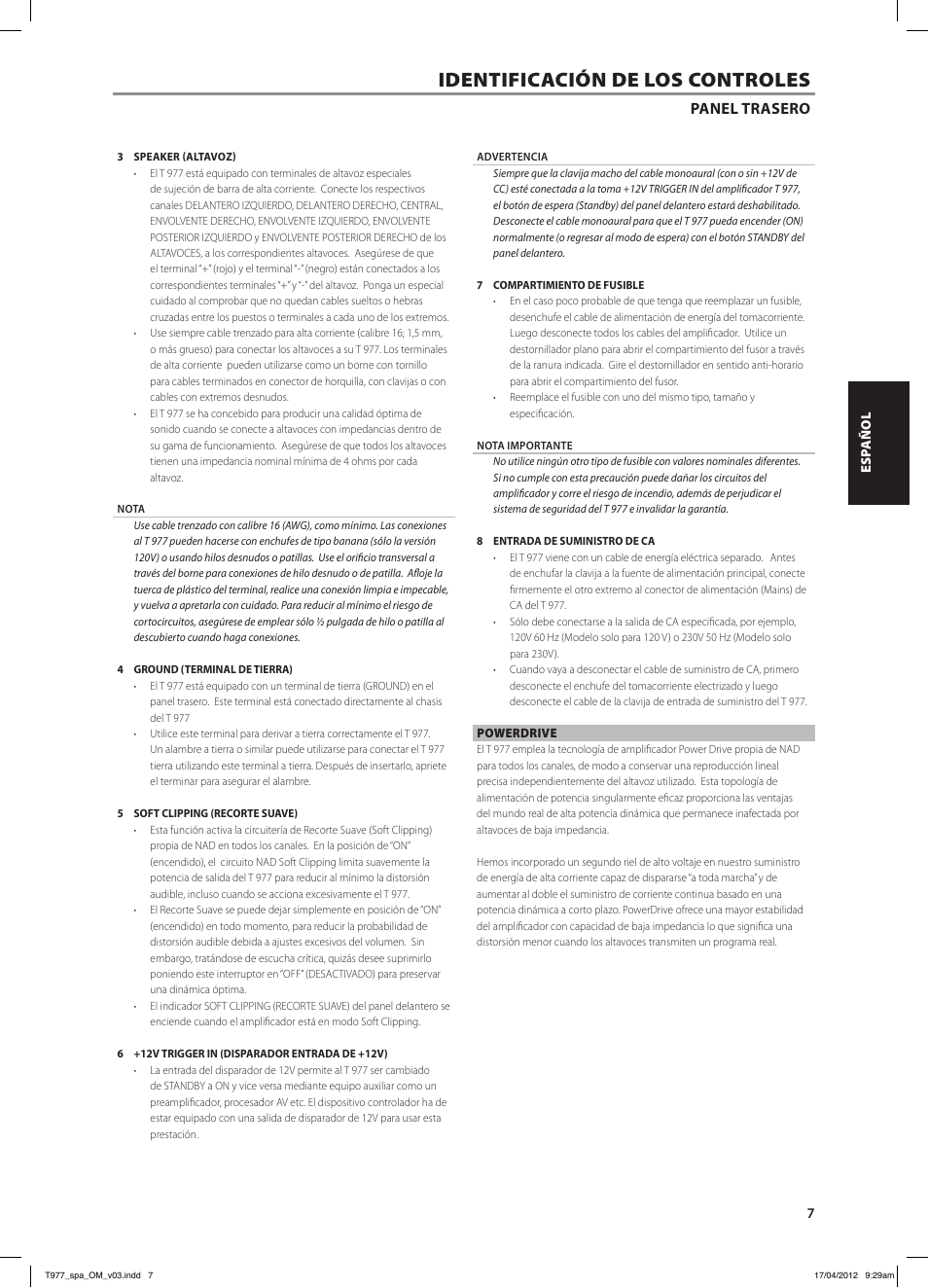 Identificación de los controles, Panel trasero | NAD T 977 User Manual | Page 23 / 66
