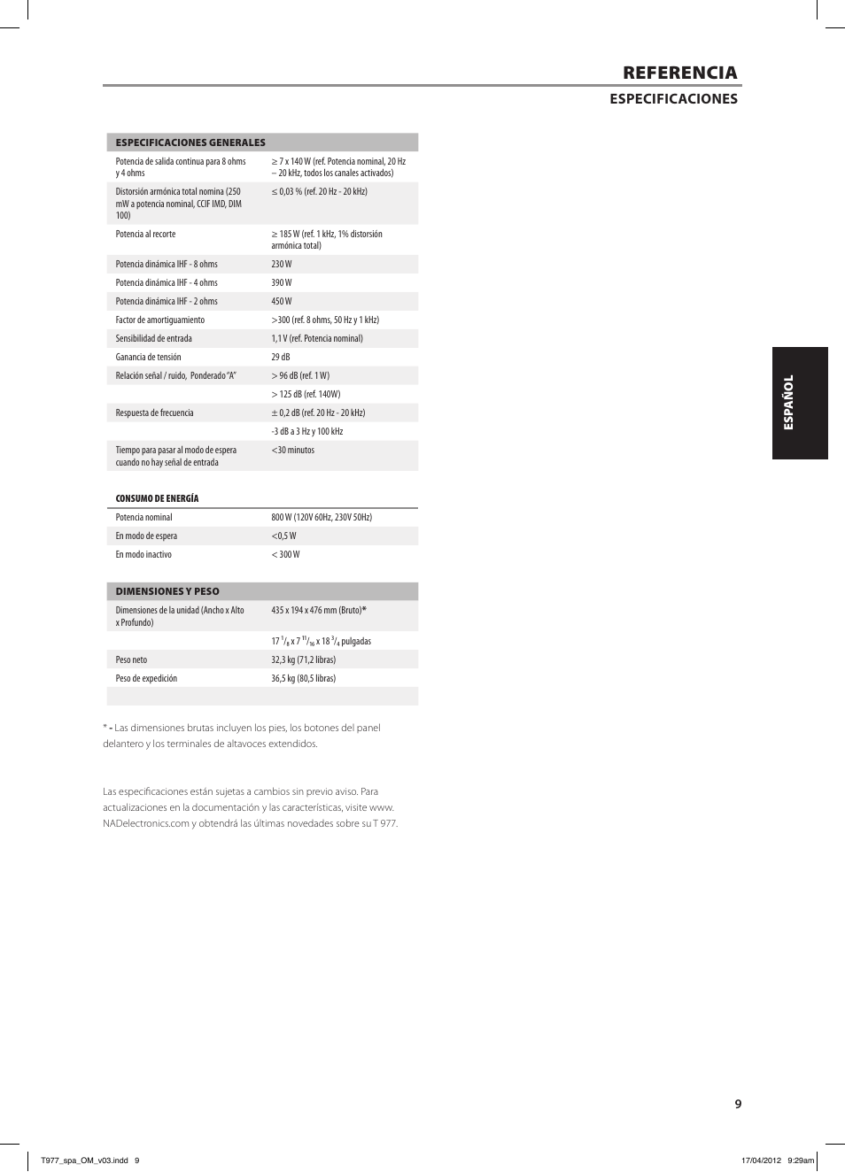 Referencia, Especificaciones | NAD T 977 User Manual | Page 25 / 66