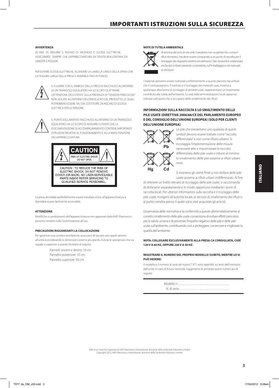 Importanti istruzioni sulla sicurezza | NAD T 977 User Manual | Page 27 / 66