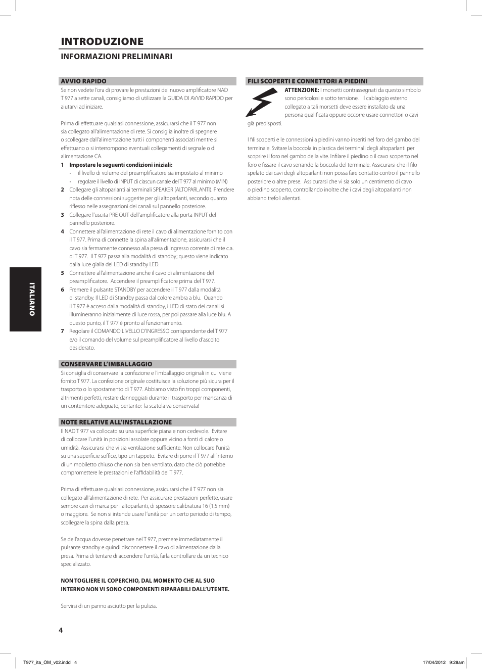 Introduzione, Informazioni preliminari | NAD T 977 User Manual | Page 28 / 66