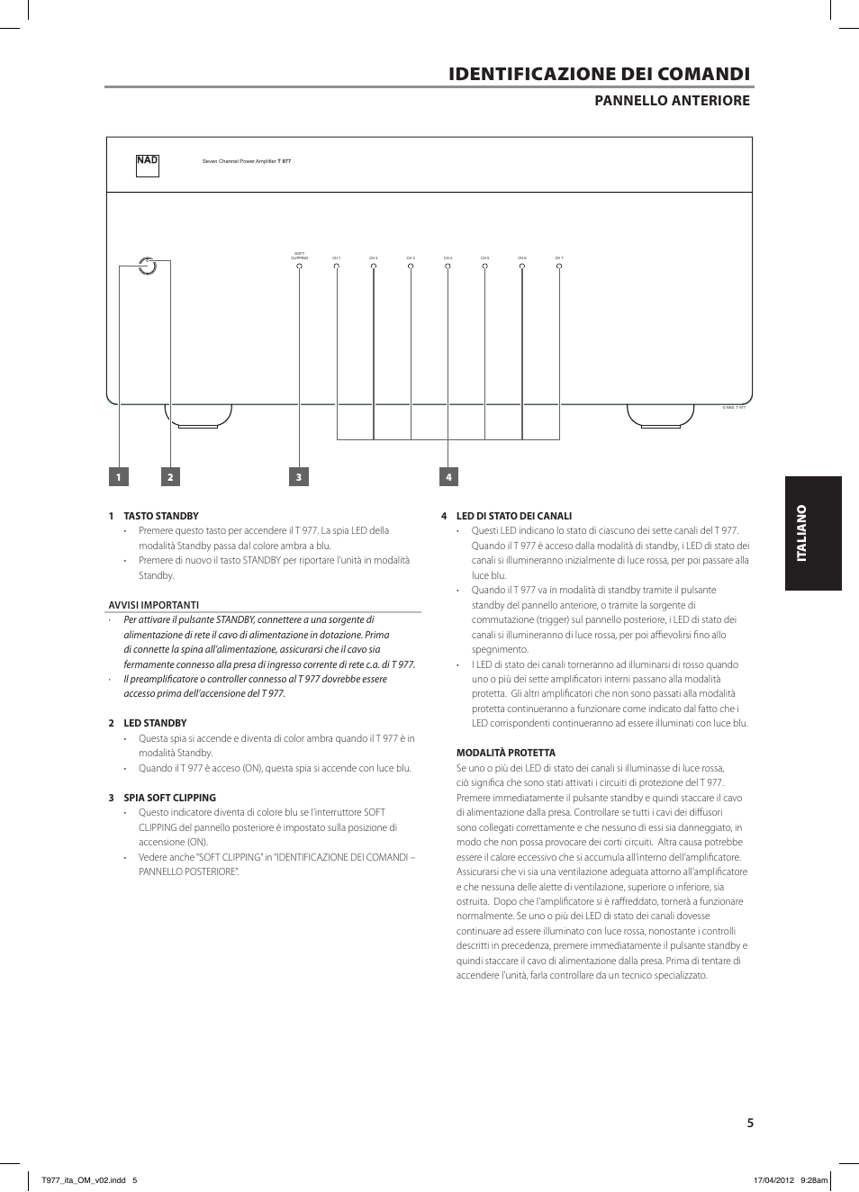 Identificazione dei comandi, Pannello anteriore | NAD T 977 User Manual | Page 29 / 66