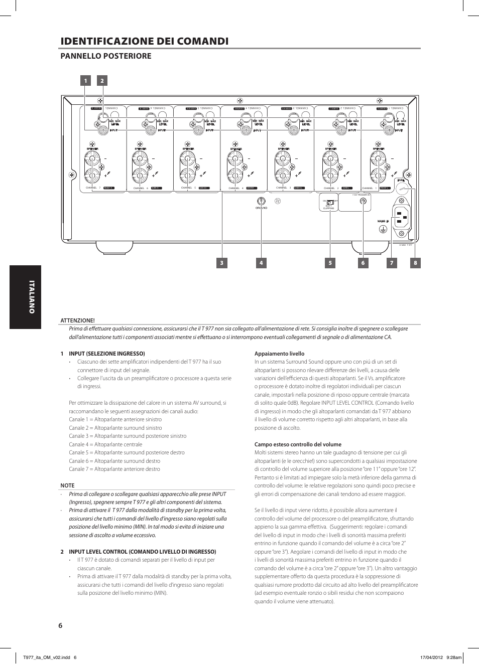 Identificazione dei comandi, Pannello posteriore | NAD T 977 User Manual | Page 30 / 66