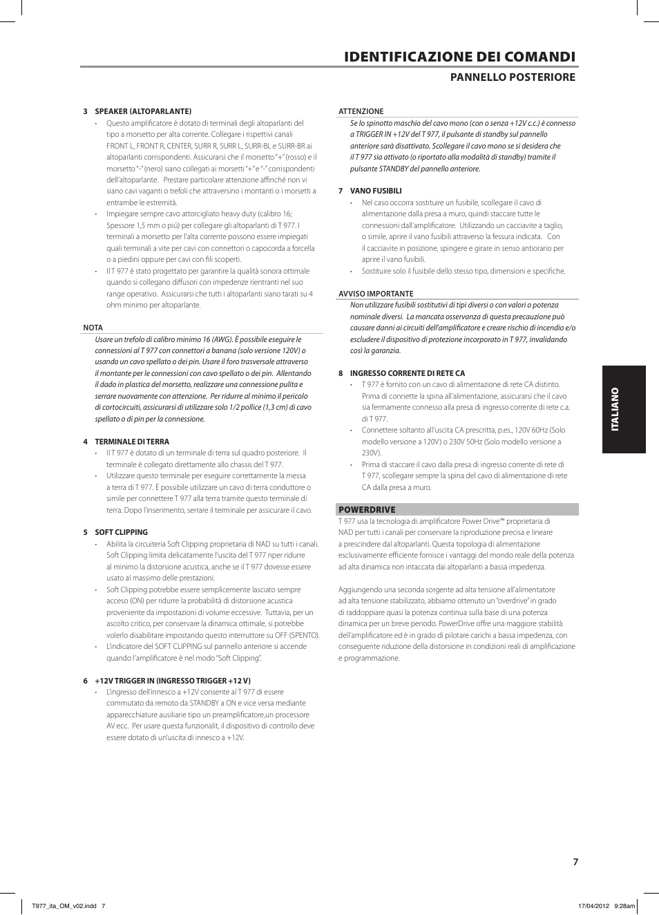 Identificazione dei comandi, Pannello posteriore | NAD T 977 User Manual | Page 31 / 66