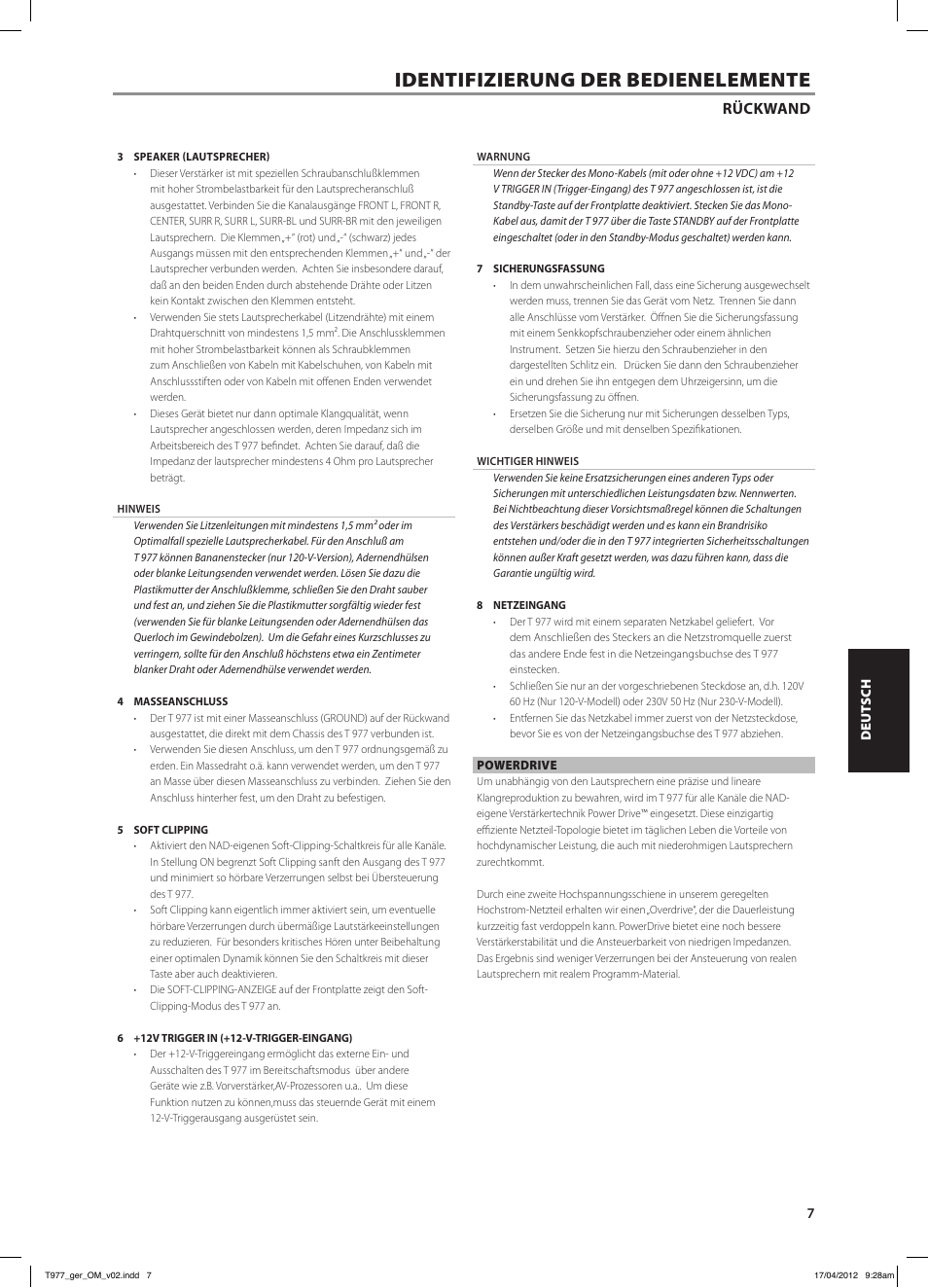 Identifizierung der bedienelemente, Rückwand | NAD T 977 User Manual | Page 39 / 66