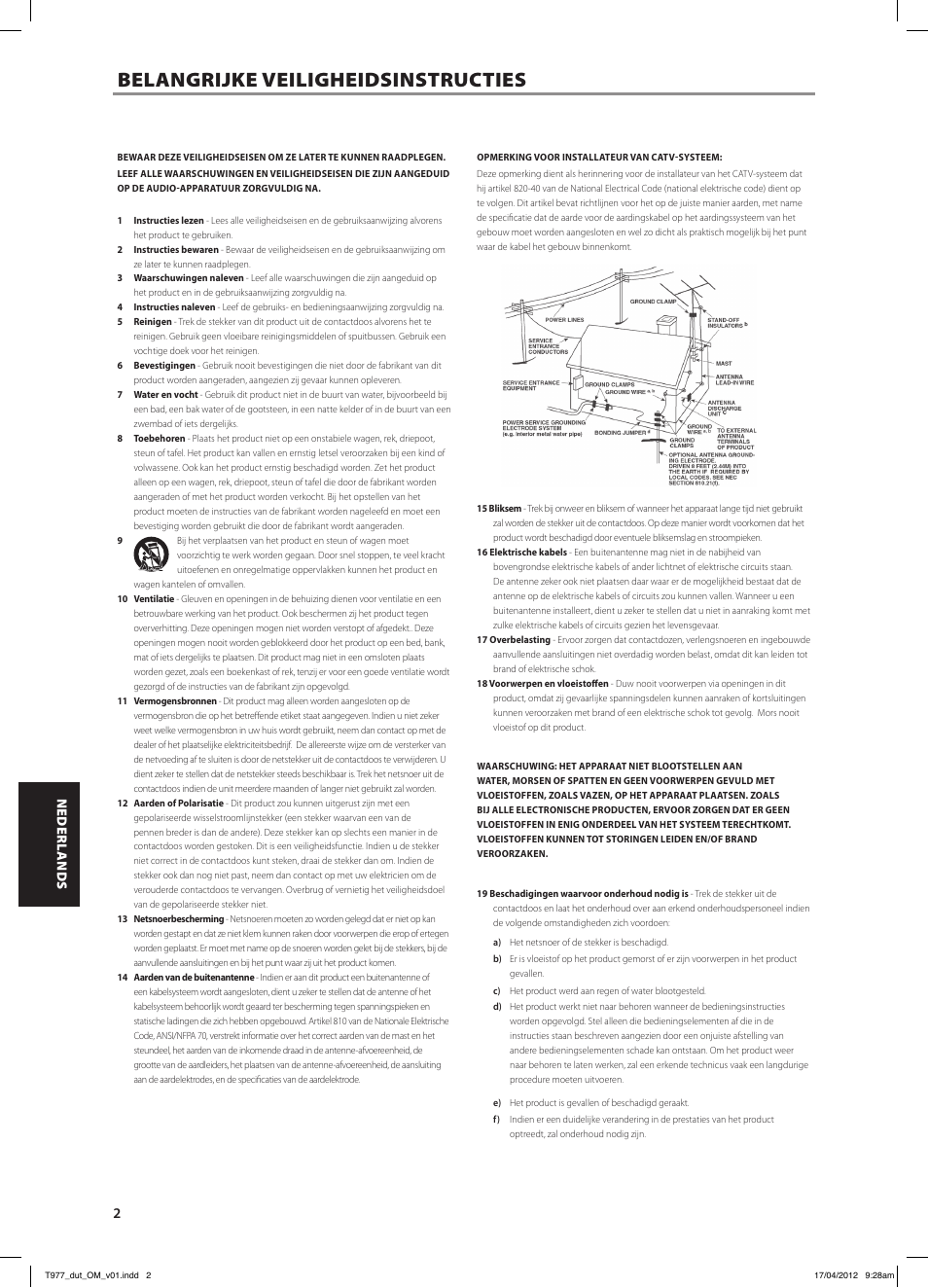 T977_dut_om_v01, Belangrijke veiligheidsinstructies | NAD T 977 User Manual | Page 42 / 66