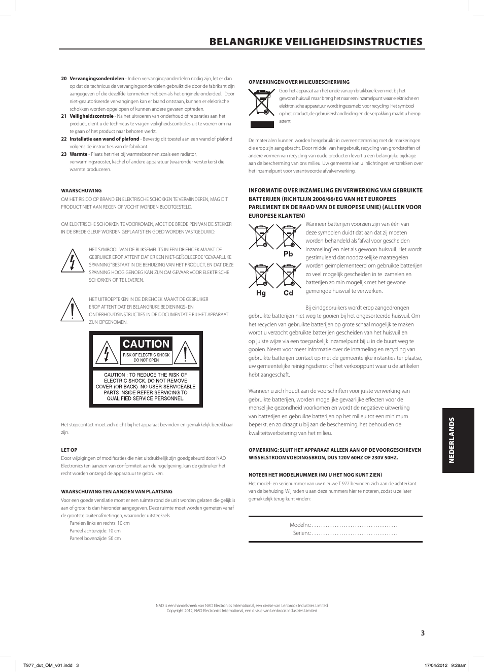 Belangrijke veiligheidsinstructies | NAD T 977 User Manual | Page 43 / 66
