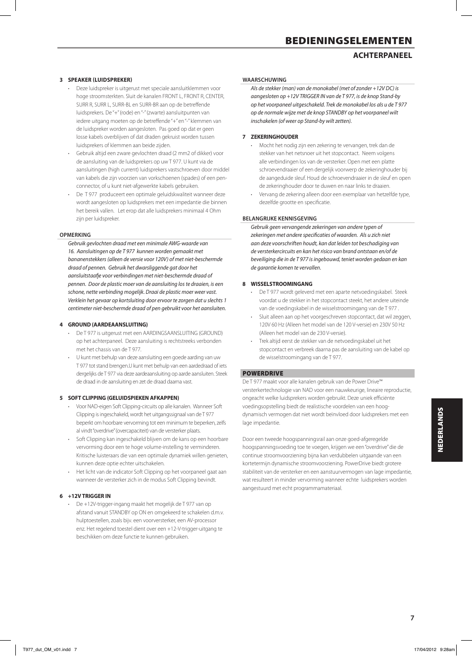 Bedieningselementen, Achterpaneel | NAD T 977 User Manual | Page 47 / 66