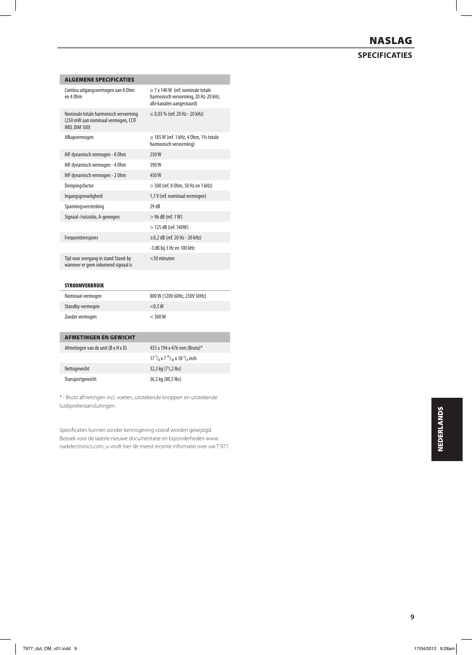 Naslag, Specificaties | NAD T 977 User Manual | Page 49 / 66