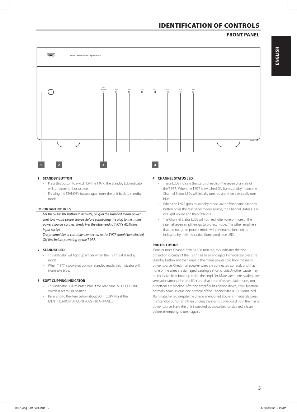 Identification of controls, Front panel | NAD T 977 User Manual | Page 5 / 66