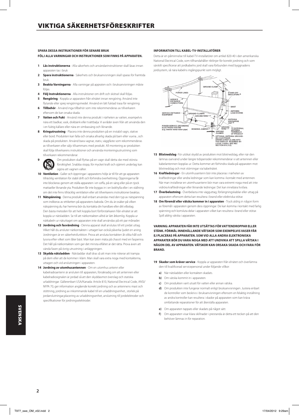 T977_swe_om_v02, Viktiga säkerhetsföreskrifter | NAD T 977 User Manual | Page 50 / 66