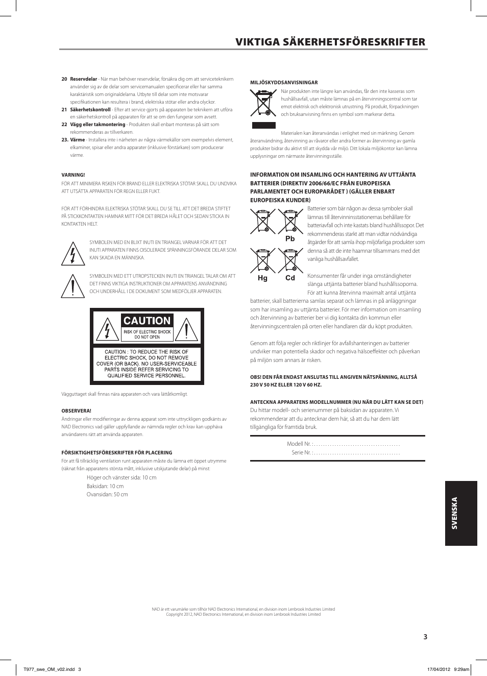 Viktiga säkerhetsföreskrifter | NAD T 977 User Manual | Page 51 / 66