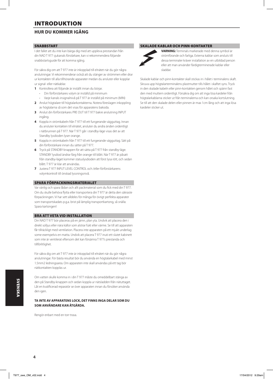 Introduktion, Hur du kommer igång | NAD T 977 User Manual | Page 52 / 66