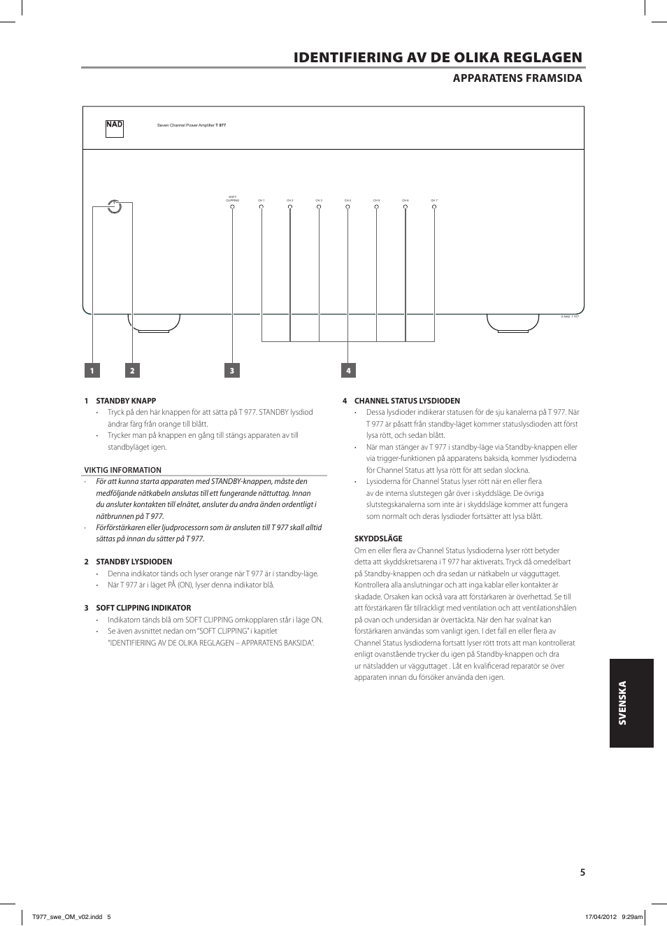 Identifiering av de olika reglagen, Apparatens framsida | NAD T 977 User Manual | Page 53 / 66