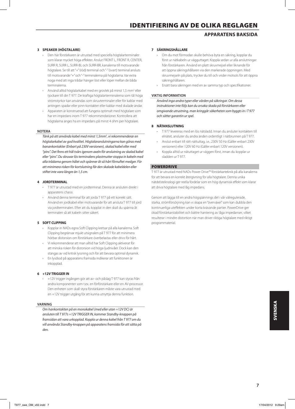 Identifiering av de olika reglagen, Apparatens baksida | NAD T 977 User Manual | Page 55 / 66