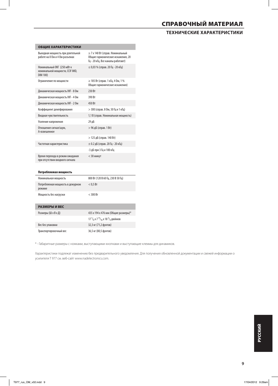 Справочный материал, Технические характеристики | NAD T 977 User Manual | Page 65 / 66