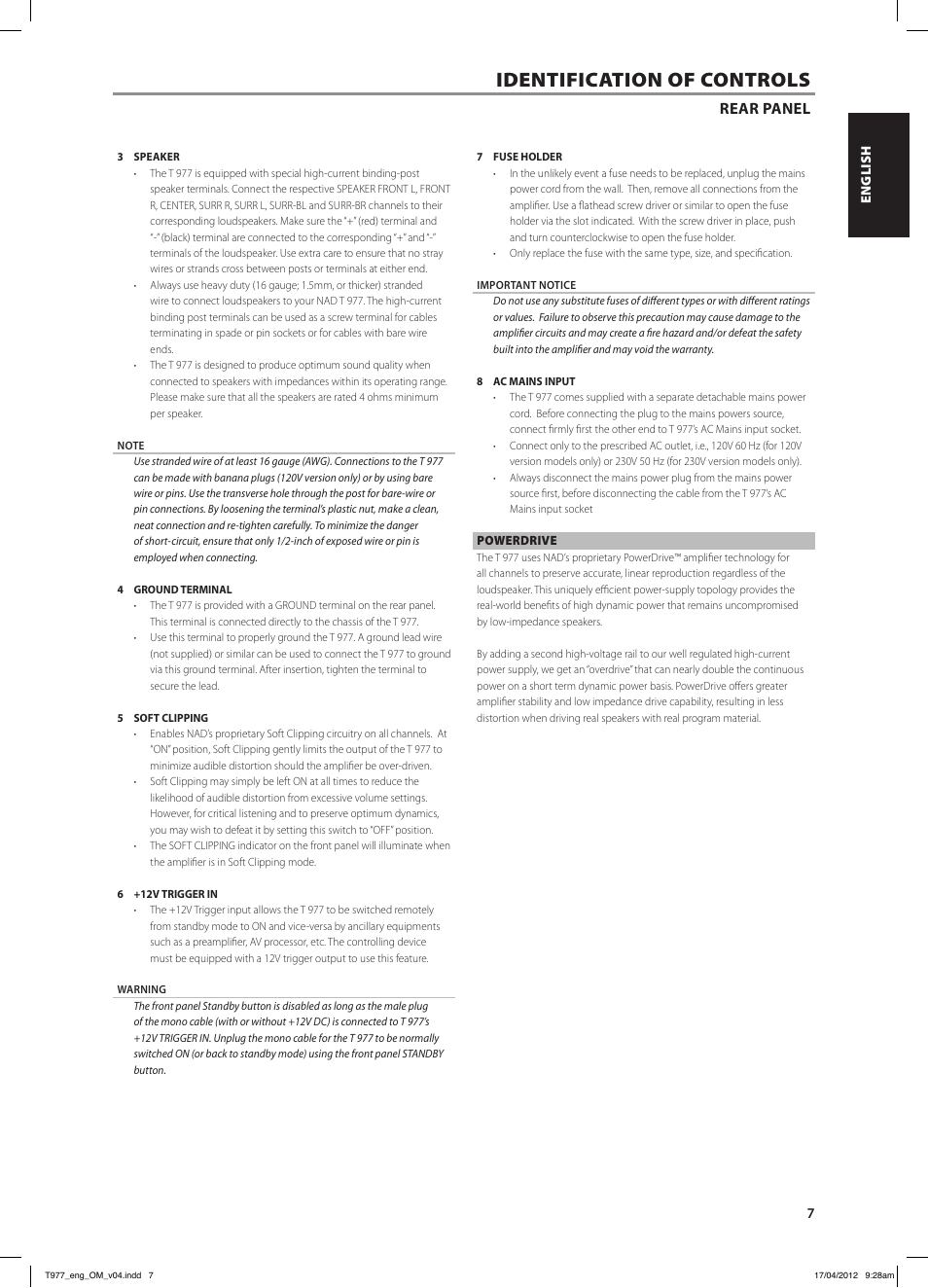 Identification of controls, Rear panel | NAD T 977 User Manual | Page 7 / 66