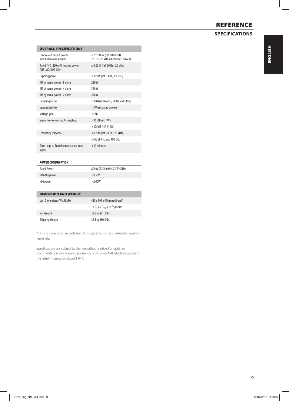 Reference, Specifications | NAD T 977 User Manual | Page 9 / 66