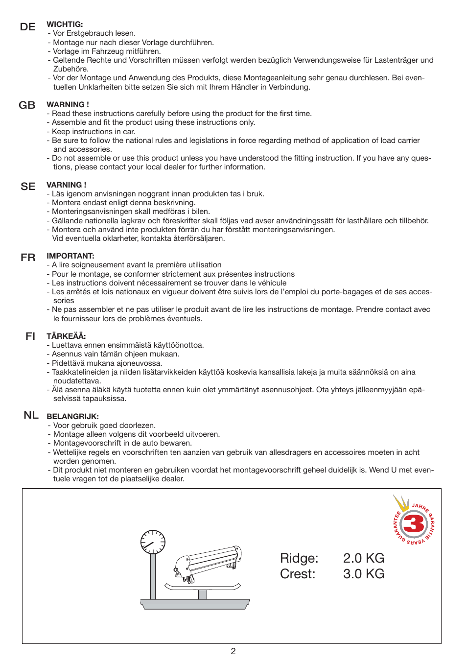 Ridge: 2.0 kg crest: 3.0 kg, De gb se fr fi nl | SsangYong Mont Blanc McKinley User Manual | Page 2 / 16