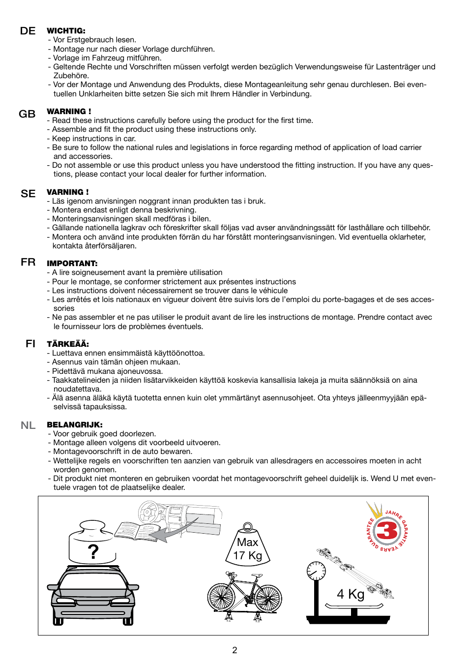 4 kg, Max 17 kg, De gb se fr fi | SsangYong Mont Blanc Scott User Manual | Page 2 / 12