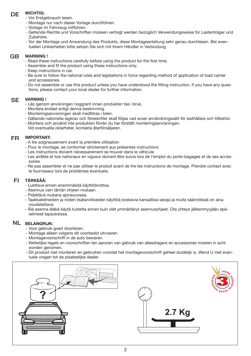 7 kg, De gb se fr fi nl | SsangYong Mont Blanc Sydney User Manual | Page 2 / 8