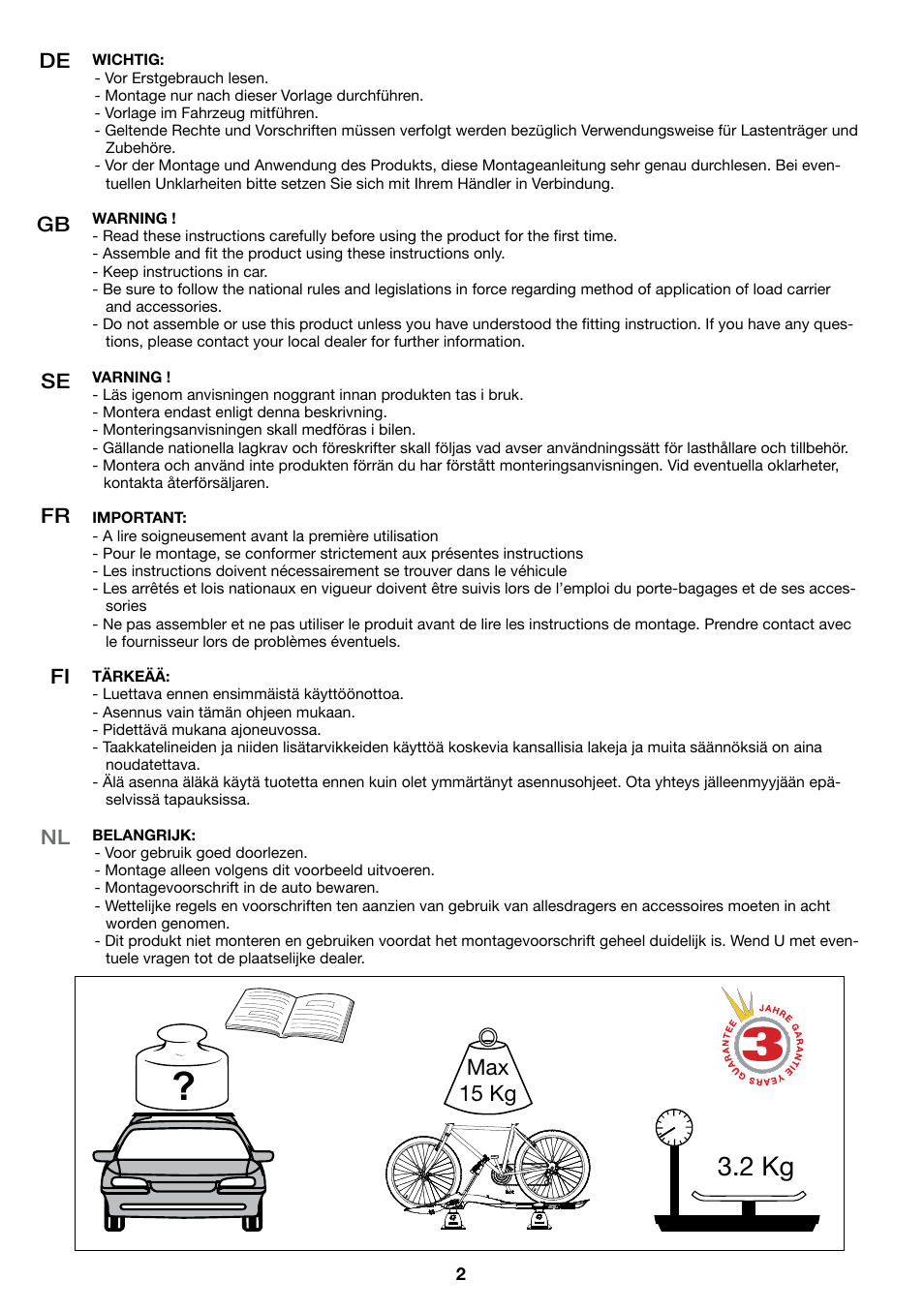 2 kg, Max 15 kg, De gb se fr fi | SsangYong Mont Blanc Barracuda_left User Manual | Page 2 / 20