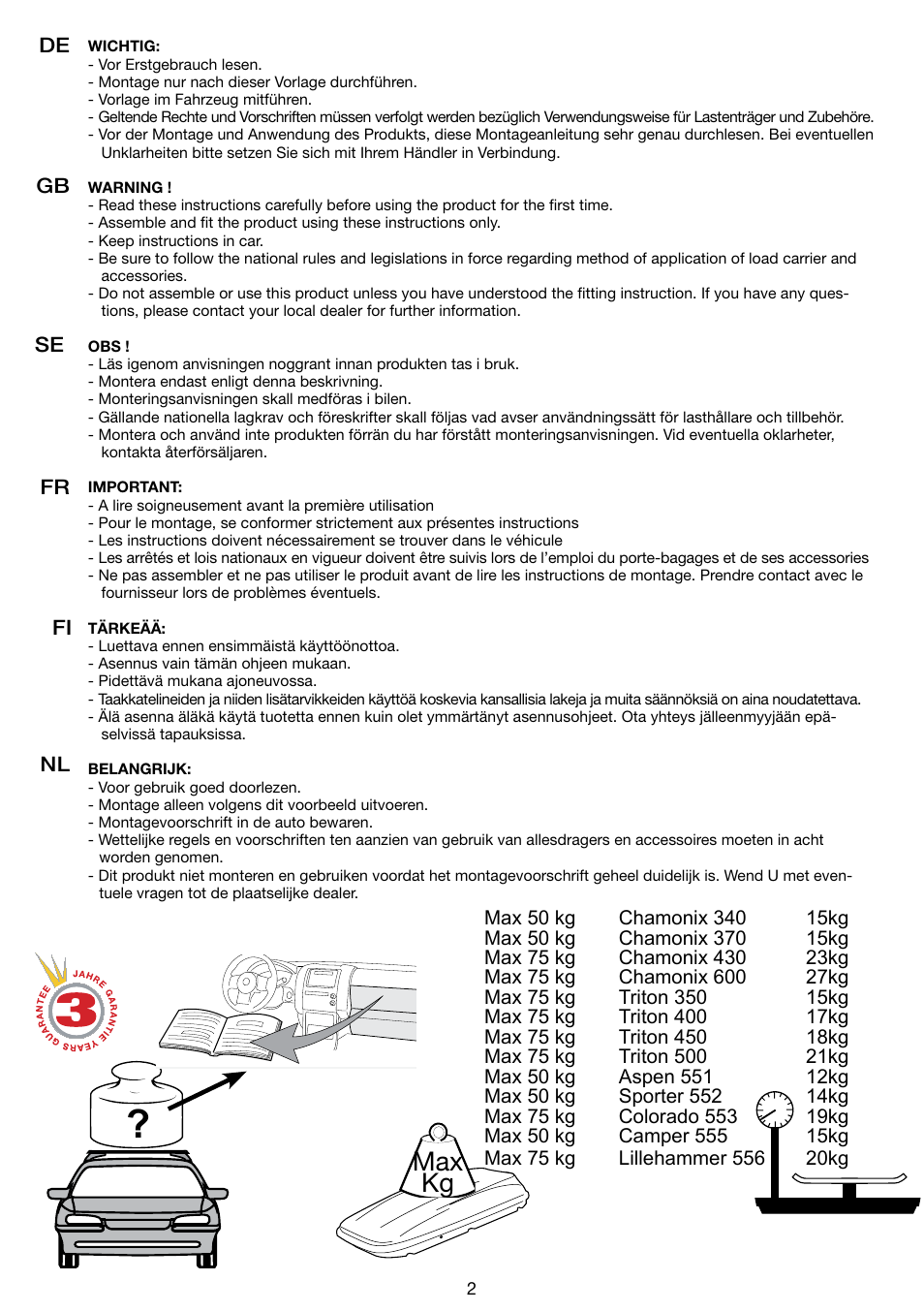 Max kg | SsangYong Mont Blanc Triton 350 User Manual | Page 2 / 12