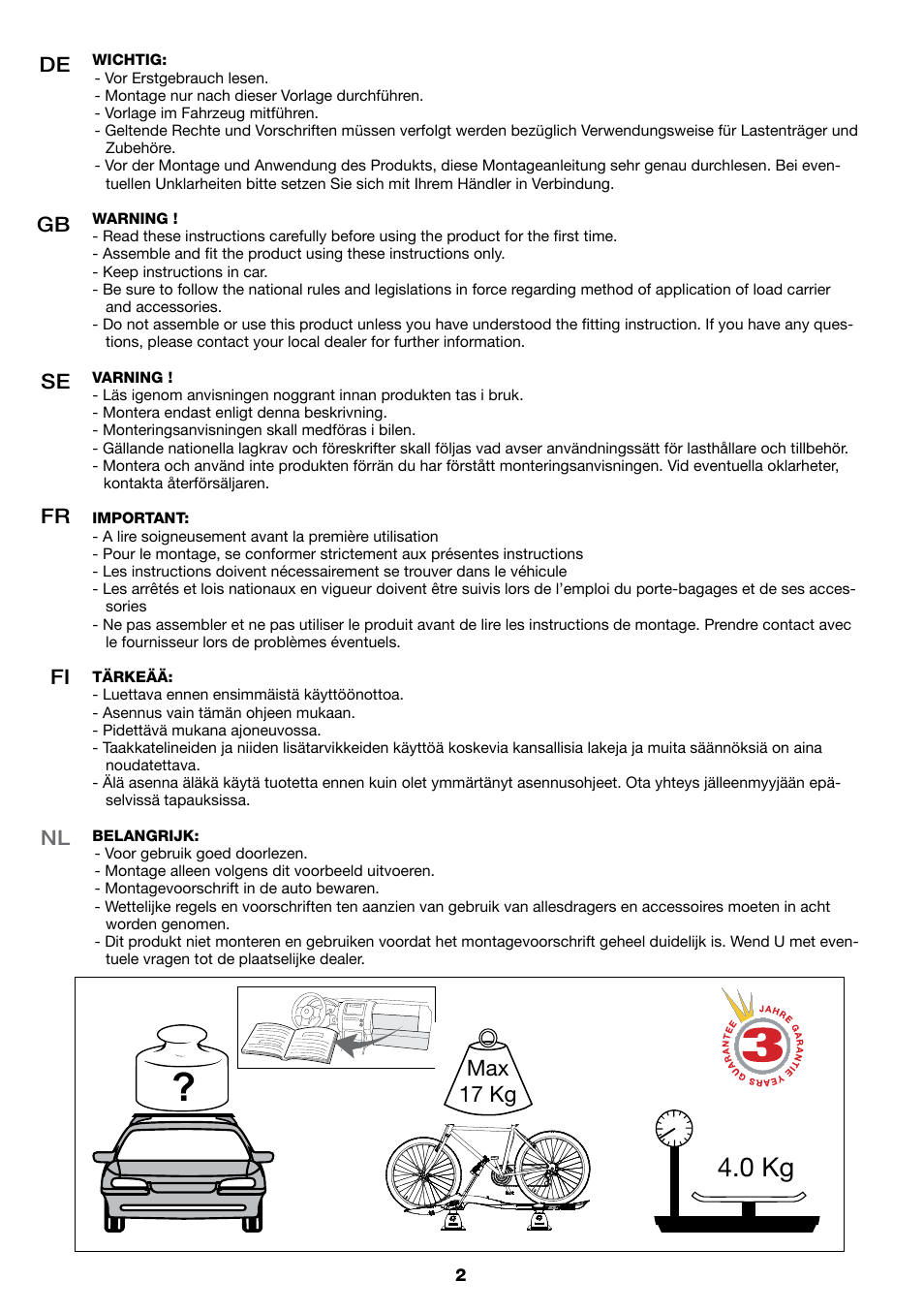 0 kg, Max 17 kg, De gb se fr fi | SsangYong Mont Blanc Discovery_left User Manual | Page 2 / 20