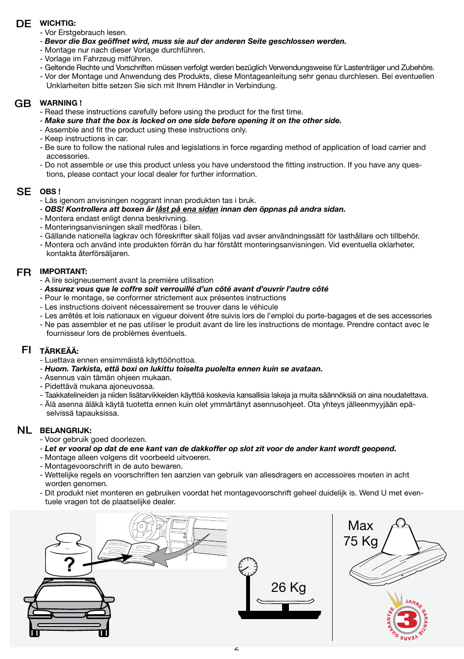 26 kg max 75 kg, De gb se fr fi | SsangYong Mont Blanc Triton 650 User Manual | Page 2 / 12