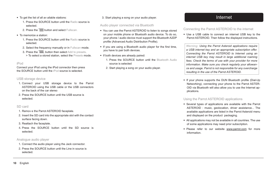 Internet | Parrot ASTEROID Classic User Manual | Page 10 / 80