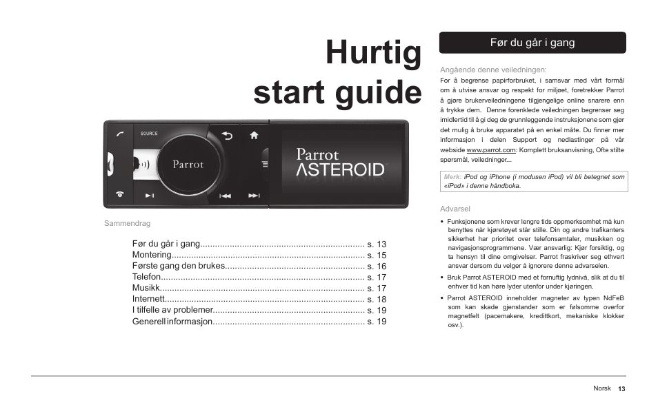 Hurtig start guide | Parrot ASTEROID Classic User Manual | Page 13 / 80