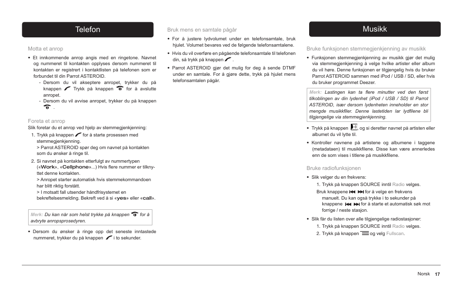 Telefon, Musikk | Parrot ASTEROID Classic User Manual | Page 17 / 80